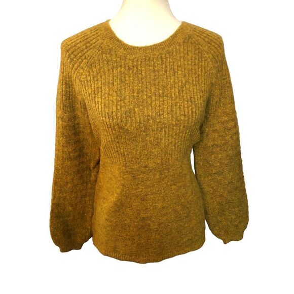 Ann Taylor Knit Sweater Bubble Sleeve Wool Blend Ribbed Mustard Yellow - Picture 3 of 12